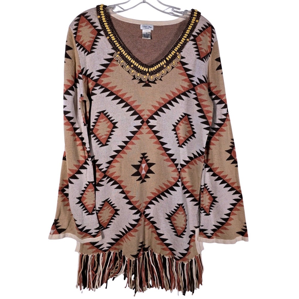 Tasha Polizzi Native American‎ Aztec Print Beaded V Neck Fringe Tunic Sweater